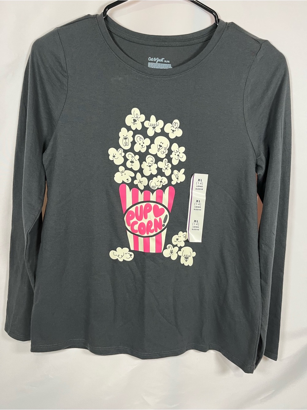 Cat & Jack Dark Gray Long Sleeve Tee with Pink & Cream Pupcorn Graphic
